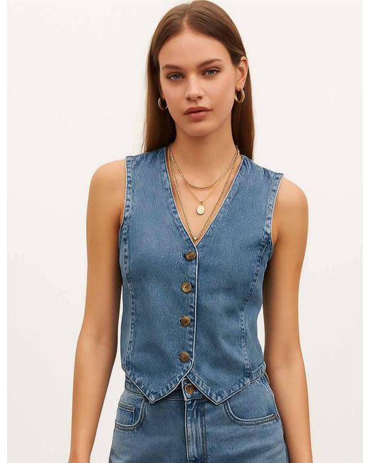 Sweetkama Blue Denim Solid V Neck Vest