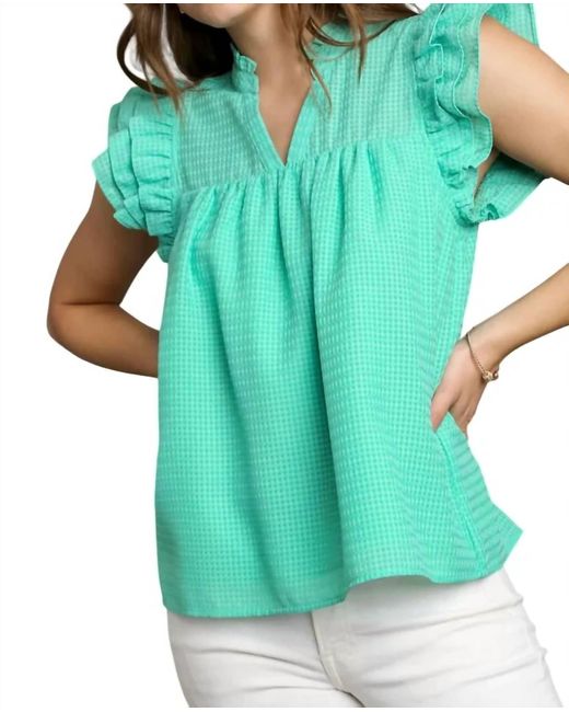 Umgee Green Layered Ruffle Sleeve Split Neck Top