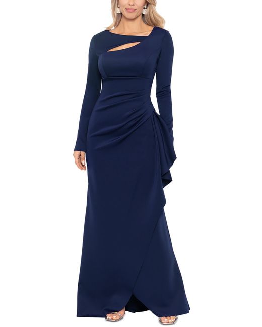 Xscape Blue Asymmetrical-neck Long Evening Dress