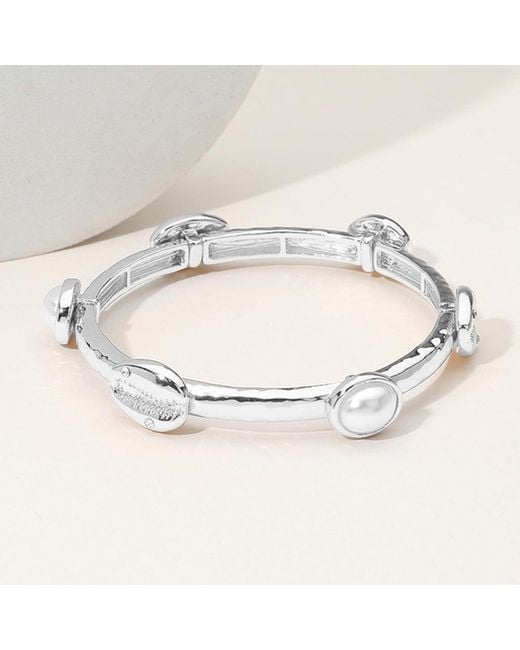 Fashnzfab Metallic Pearl Stone Paved Shell Pointed Hammered Metal Stretch Bracelet Rhodium