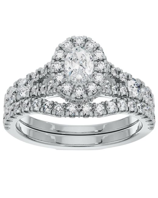 Pompeii3 Metallic 1 1/4ct Oval Halo Diamond Engagement Wedding Ring Set