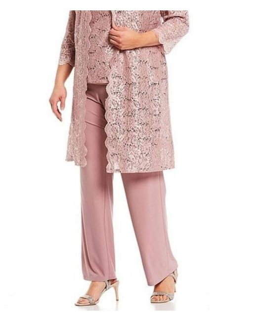 R & M Richards Pink Lace 3/4 Sleeve 3-Piece Pants Set
