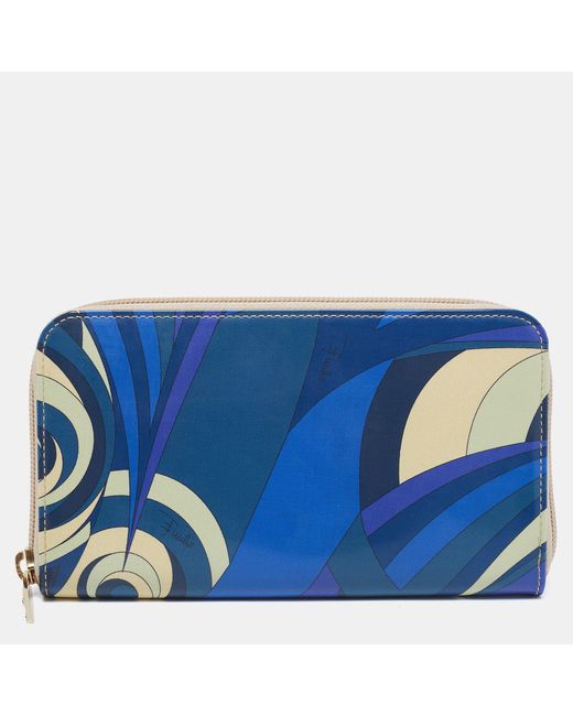 Emilio Pucci Blue Color Printed Patent Leather Zip Around Wallet