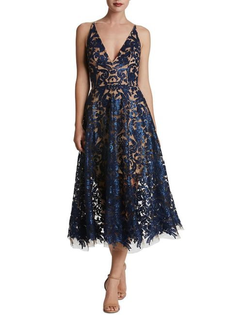 Dress the Population Blue Blair Lace Sequined Midi Dress