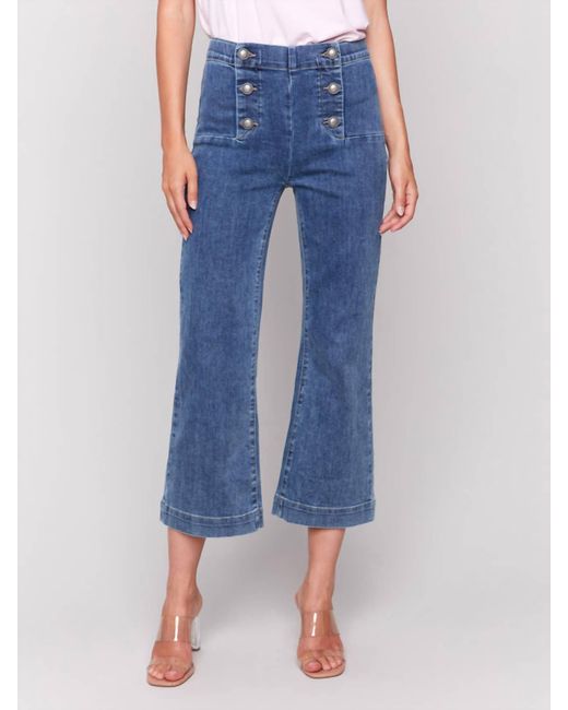 Charlie b Blue Cropped Pull-On Flare Jeans With Front Buttons