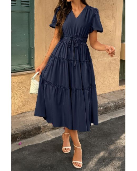 TRUEDAMES Blue Solid Color Block Puff Sleeve Elastic Waist Dress