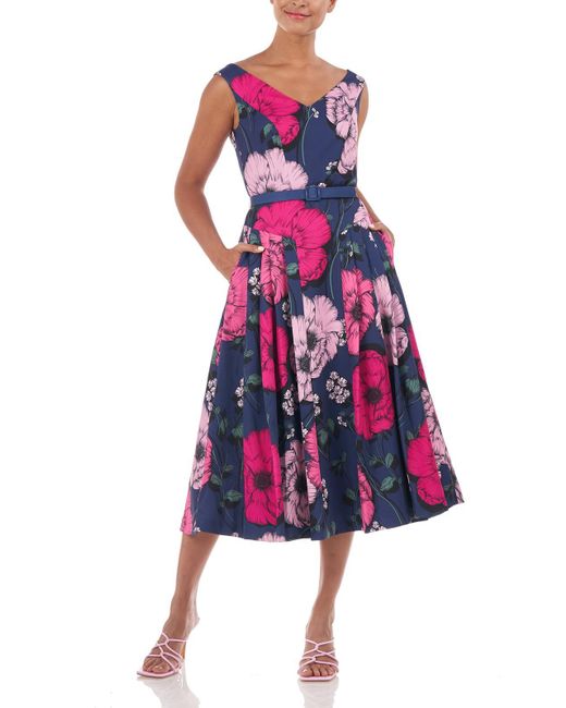Kay Unger Blue Floral Midi Cocktail And Party Dress