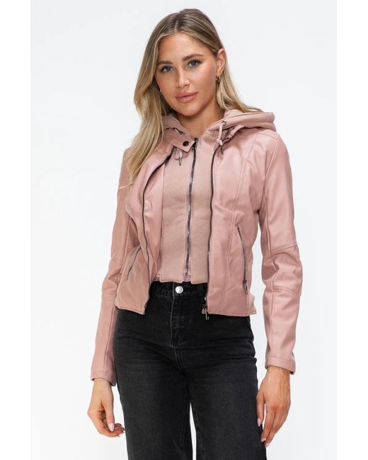 TRUEDAMES Women's Pink Faux Leather Zip Up Drawstring Hooded Jacket