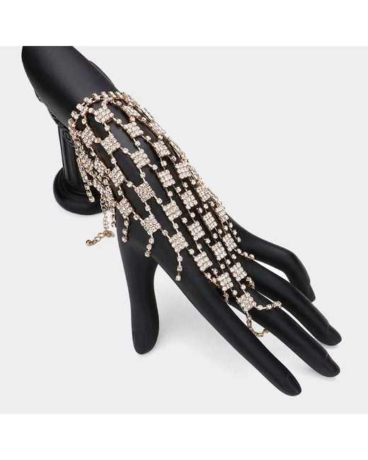 Fashnzfab Black Rhinestone Paved Square Pointed Hand Chain Evening Bracelet