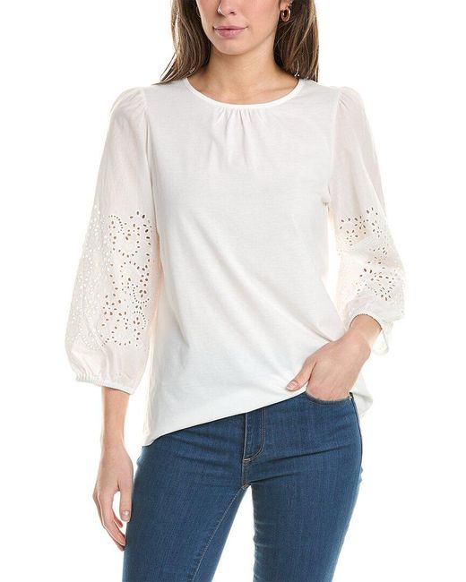 Jones New York White Woven Embroidered Sleeve Top