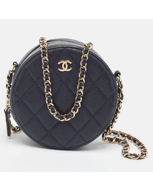Chanel Blue Quilted Caviar Leather Cc Round Chain Clutch