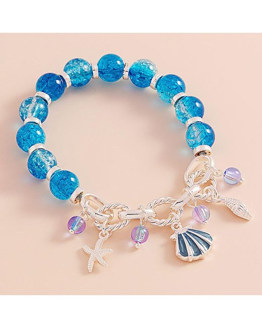 Fashnzfab Blue Enamel Seashell Metal Starfish Beads Charm Beaded Stretch Bracelet