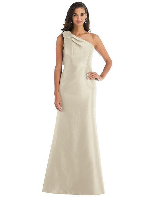 Alfred Sung Natural Bow One-shoulder Satin Trumpet Gown