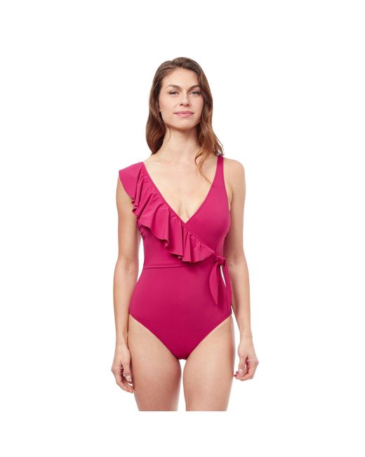 Gottex Pink Tutti Frutti V Neck One Shoulder Ruffle One Piece Swimsuit