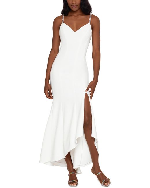 Xscape White Rhinestone Straps Long Cocktail And Party Dress