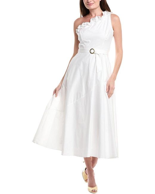 Taylor White One-Shoulder Ruffle Midi Dress
