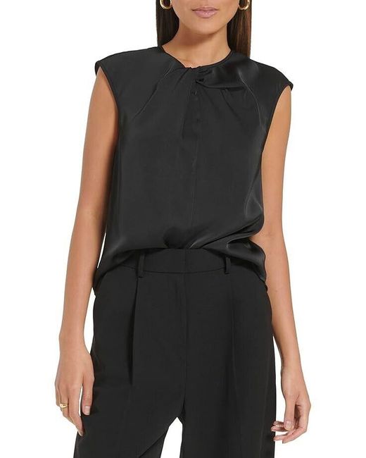 Calvin Klein Black Top Twist Neck Cap Sleeve Blouse Preppy Erk256