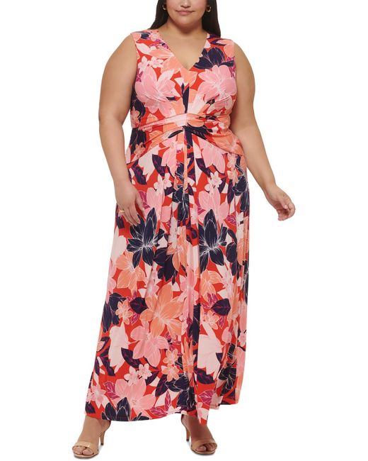 Jessica Howard Red Plus Floral Print Polyester Maxi Dress