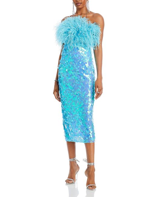 Bronx and Banco Blue Feather Trim Long Cocktail And Party Dress