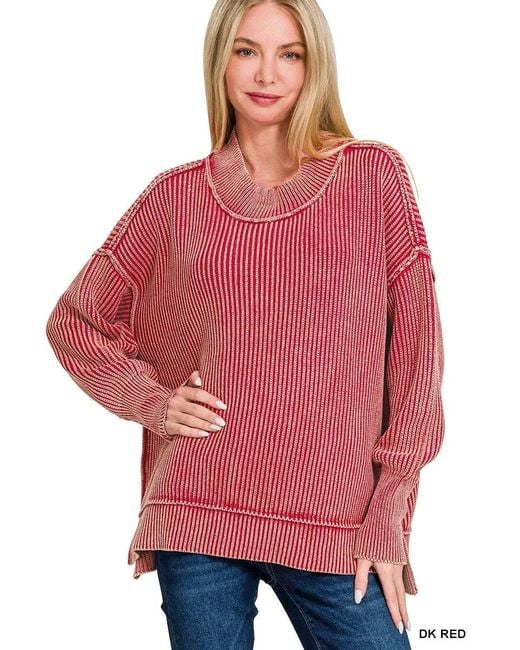 TRUEDAMES Red Washed Side Slit Oversized Sweater