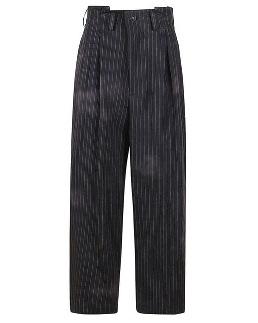 Yohji Yamamoto Blue High-Waisted Linen Trousers With Vertical Pinstripes