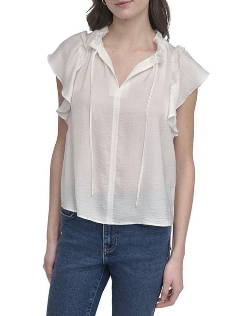 DKNY White Ruffled Neck Tie Top