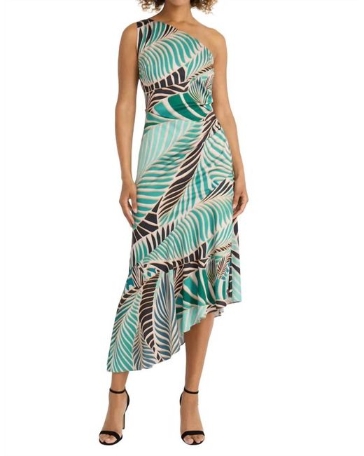 Maggy London Green Palm Print One Shoulder Dress