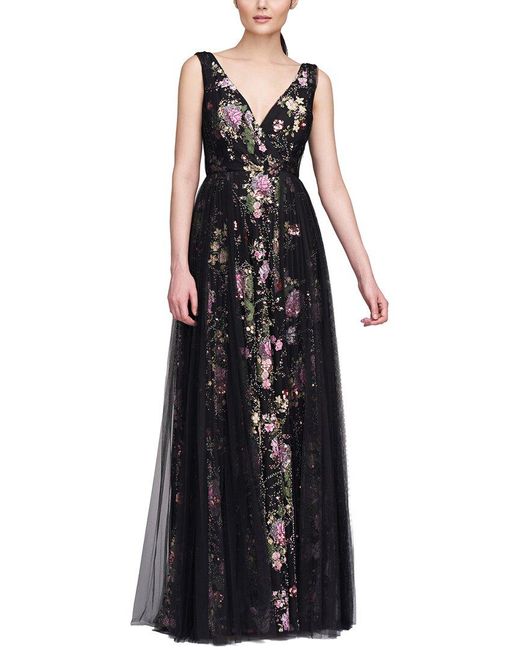 THEIA Black Toni V Neck Beaded Gown