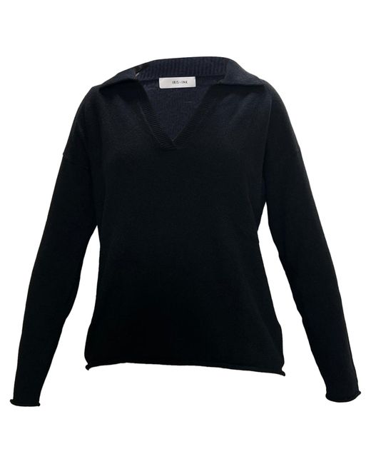 Iris & Ink Black Collared V-Neck Sweater