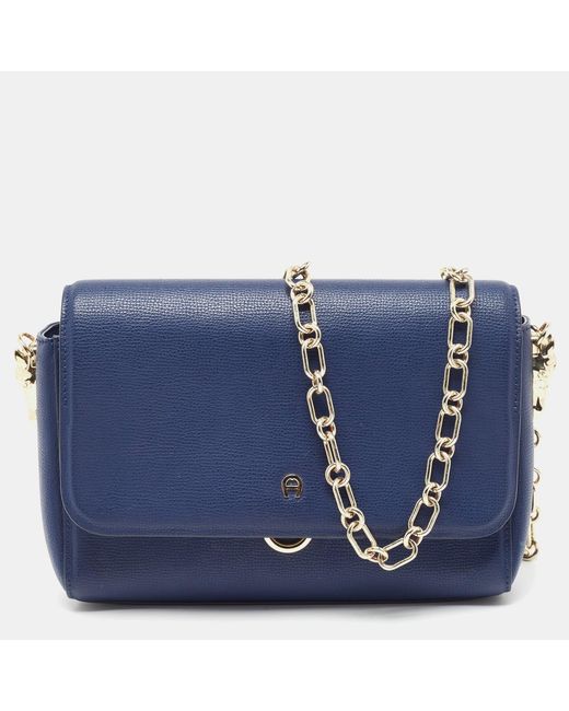 Aigner Blue Navy Leather Flap Chain Shoulder Bag