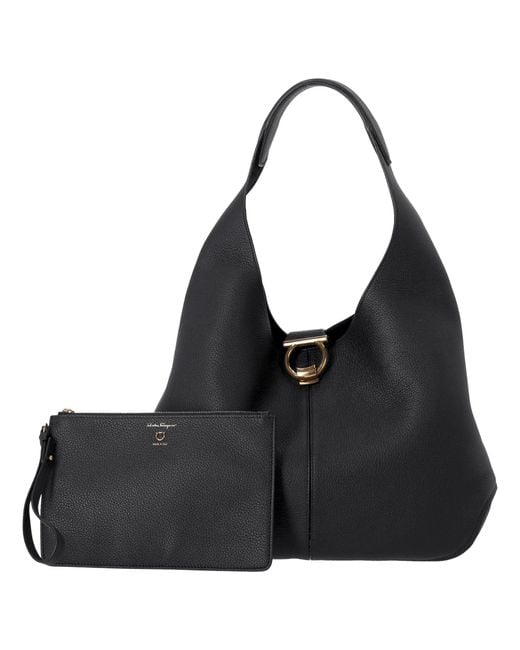 Ferragamo Black Gancini Shoulder Bag With Pouch