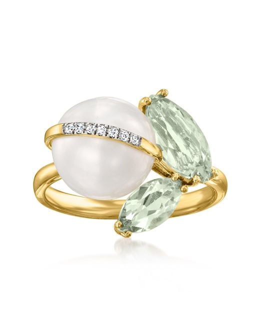 Ross-Simons Metallic 9.5-10Mm Cultured Pearl And Prasiolite Ring With Diamonds