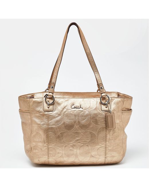 COACH Natural Signature Embossed Leather East West Gallery Tote
