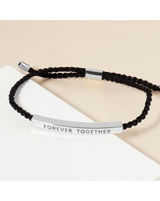Fashnzfab Black Dipped Forever Together Message Bar Pointed Rope Adjustable Cinch Pull Tie Bracelet Rhodium