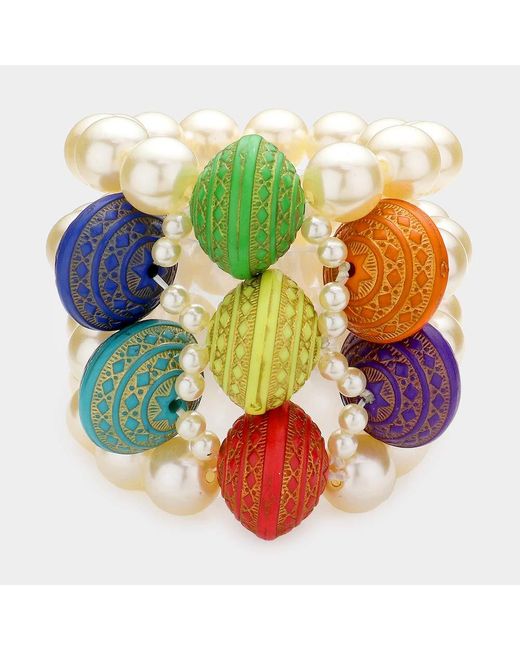 Fashnzfab Green Colorful Wood Pointed Multi Layered Pearl Stretch Bracelet Cream