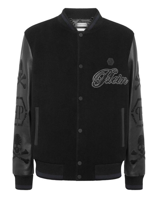 Philipp Plein Black Wool & Leather Varsity Bomber Jacket Patches Stones for men