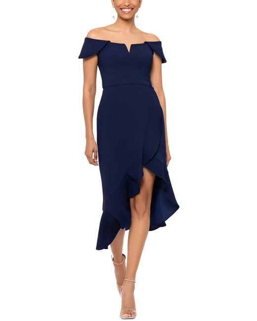 Xscape Blue Off-the-shoulder Notch Midi Dress