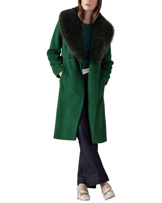 L.K.Bennett Green Wool-Blend Coat with Faux Fur Collar