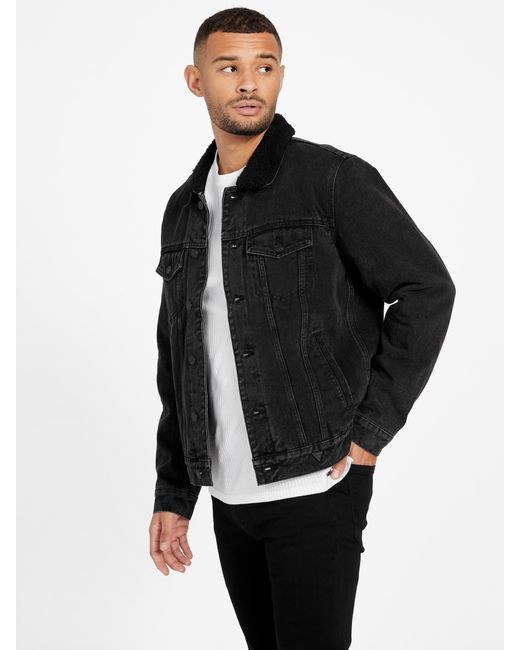 Guess Factory Braun Sherpa-lined Denim Jacket in Black for Men | Lyst