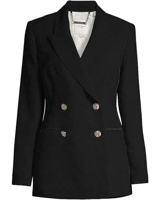 Ted Baker Black Solid Llayla Double Breasted Embossed Button Blazer Jacket