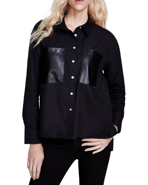 DKNY Black Faux Leather Pocket Button Down Blouse