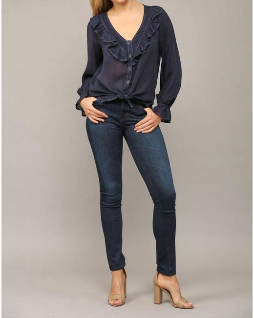 Maven West Ruffle Button Up Top In Navy / Blue