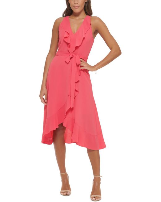 Kensie Pink Asymmetric Mid-calf Wrap Dress