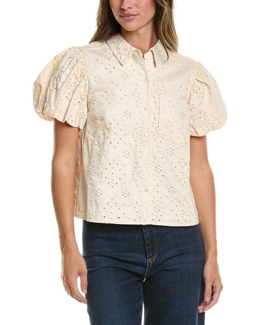 Cece Natural Bubble Sleeve Collared Top