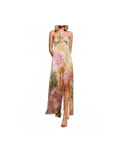Dress Forum Multicolor Tropical Leaf Printed Satin Maxi Dress