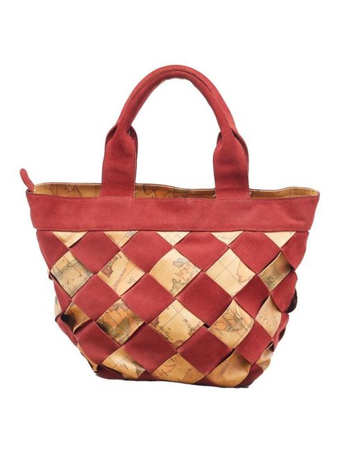 Alviero Martini 1A Classe Red Beige/ Geo Print Woven Coated Canvas And Suede Tote