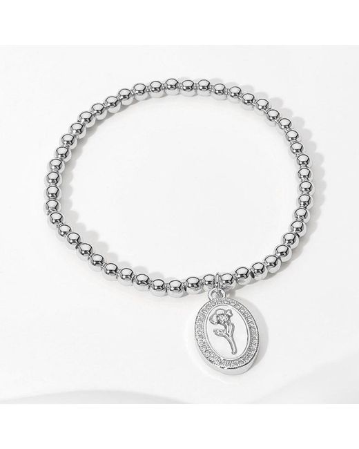 Fashnzfab Metallic Stainless Steel Stone Paved Tulip Flower Embossed Mother Of Pearl Oval Charm Beaded Stretch Bracelet Mother Of Pearl