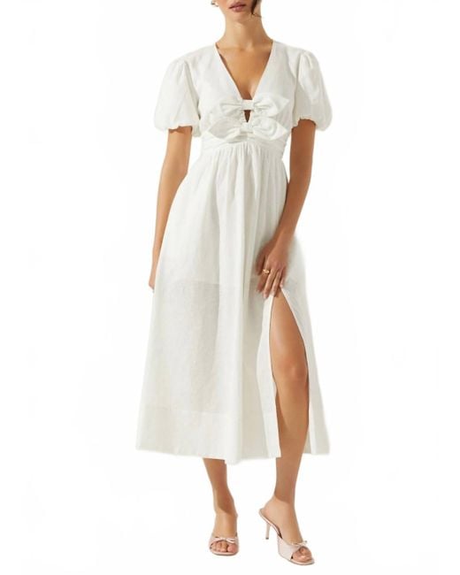 Astr White Citrine Linen Bow Front Midi Dress