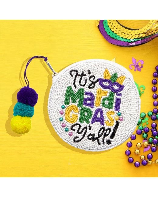 Fashnzfab Metallic Seed Beaded It's Mardi Gras Y'All! Message Circle Pom Pom Mini Pouch Bag