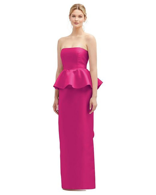 Alfred Sung Pink Strapless Satin Maxi Dress With Cascade Ruffle Peplum Detail
